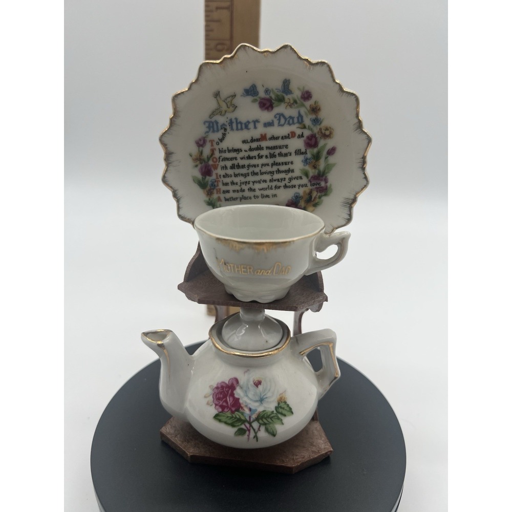 Miniature Porcelain Tea Pot Cup Plate & Stand Made in Japan w/Mother Father Gold